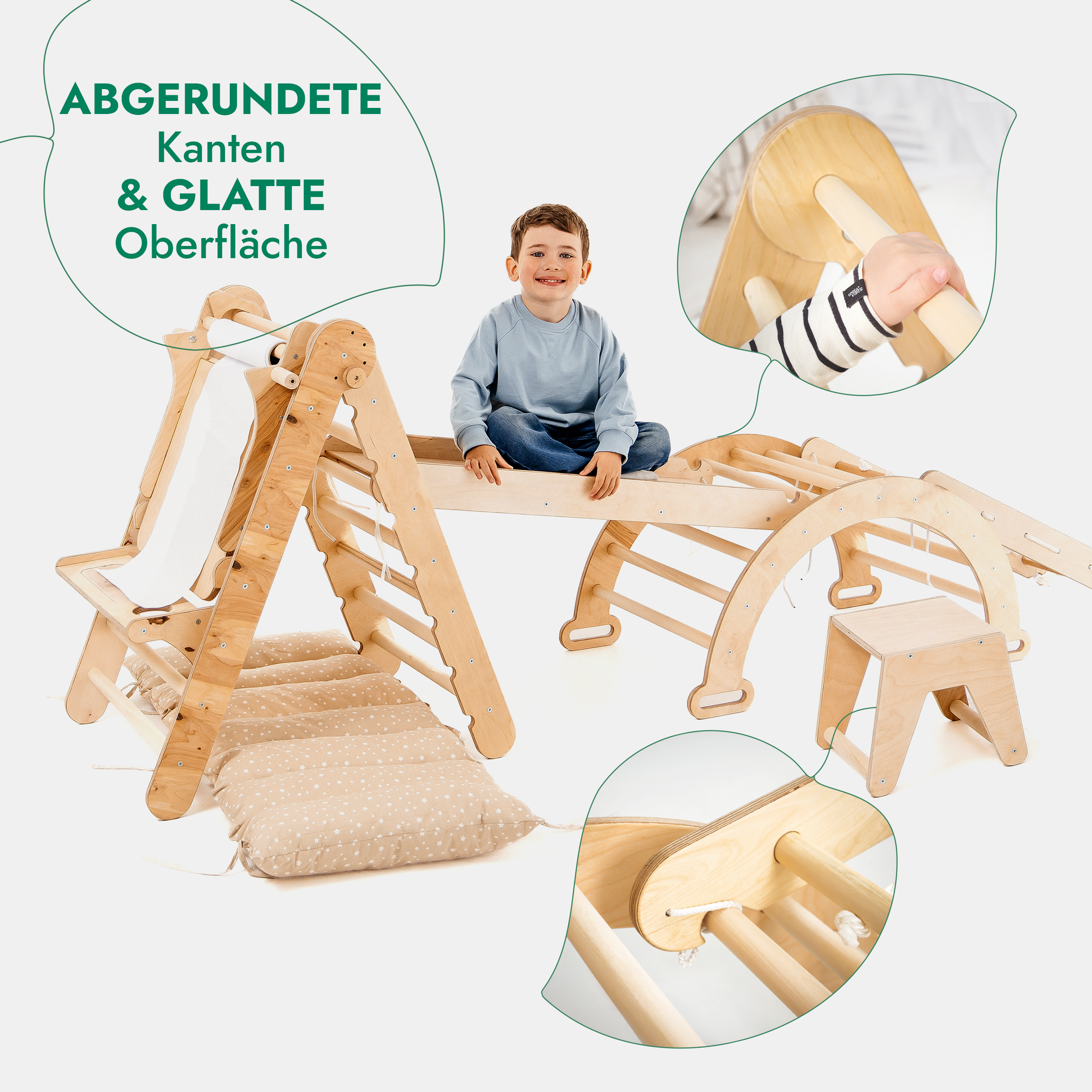 7in1 Montessori Klettergerüst Set: Kletterdreieck, Kletterbogen mit Kissen, Rutsche, Kletternetz, Maltafel und Kinderstuhl, für Kinder 1-7 Jahre – Beige - SafeBabyKinder