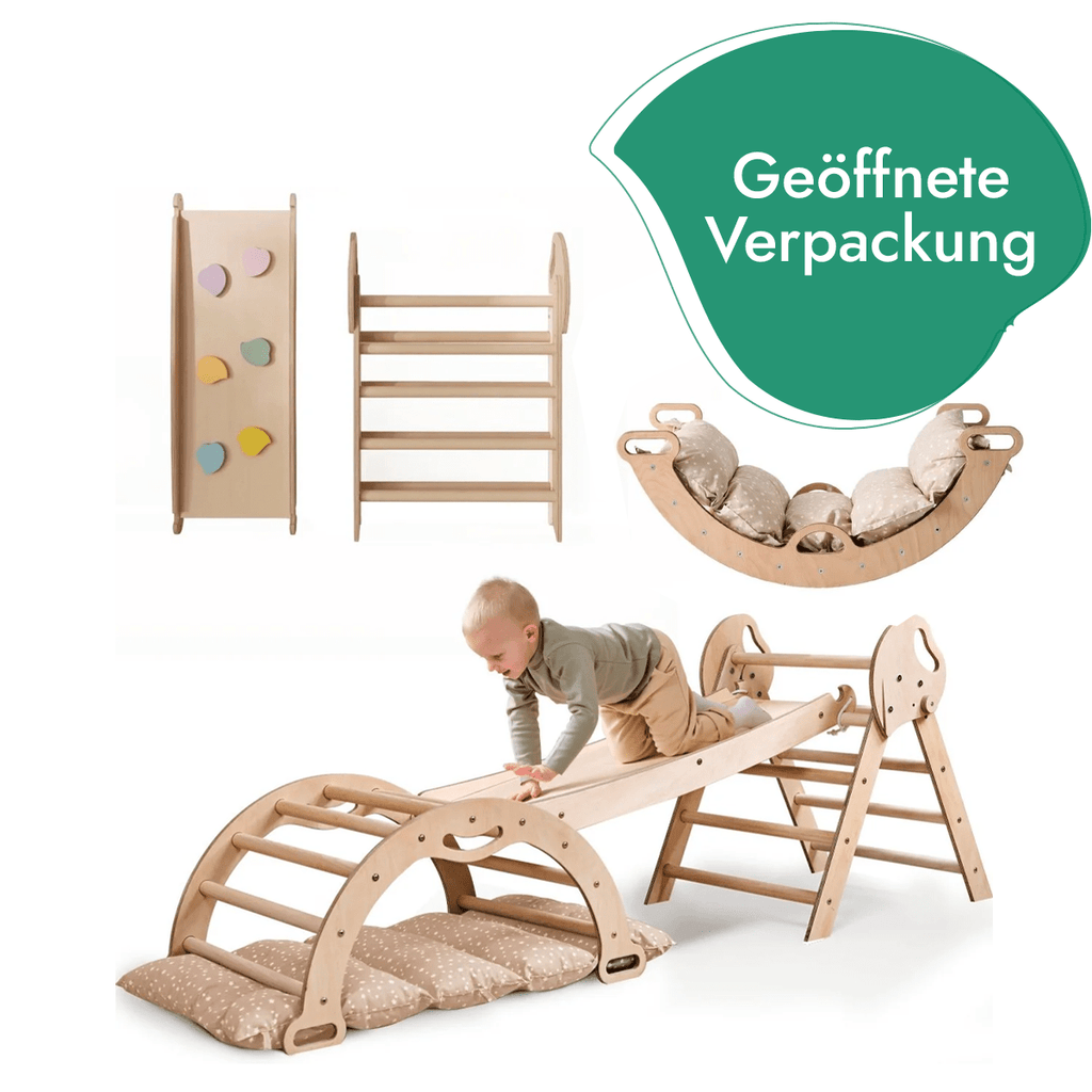 4-in-1 Kletterset für Kleinkinder: Pikler-Dreieck + Kletterbogen + Rutschbrett + Kissen - “Gebraucht – Wie neu” - SafeBabyKinder