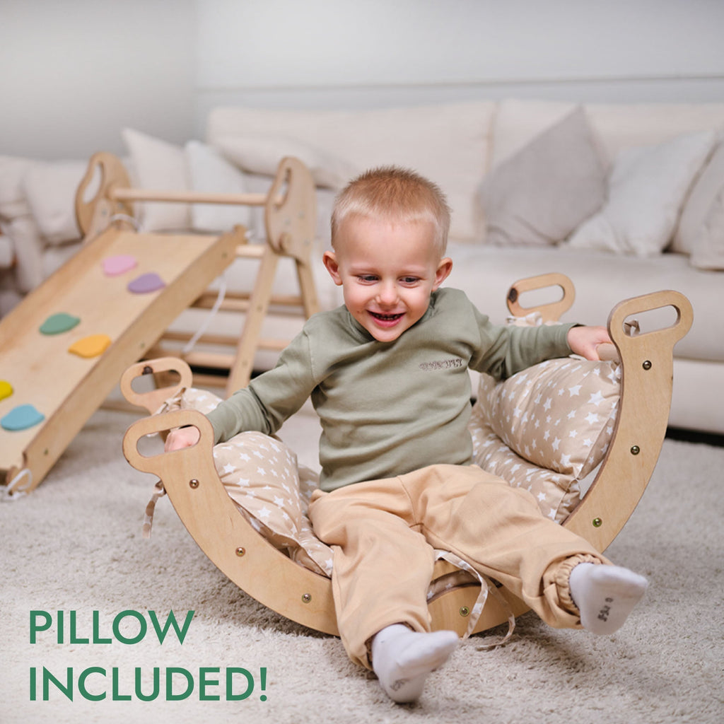 4-in-1 Kletterset für Kleinkinder: Pikler-Dreieck + Kletterbogen + Rutschbrett + Kissen - “Gebraucht – Wie neu” - SafeBabyKinder