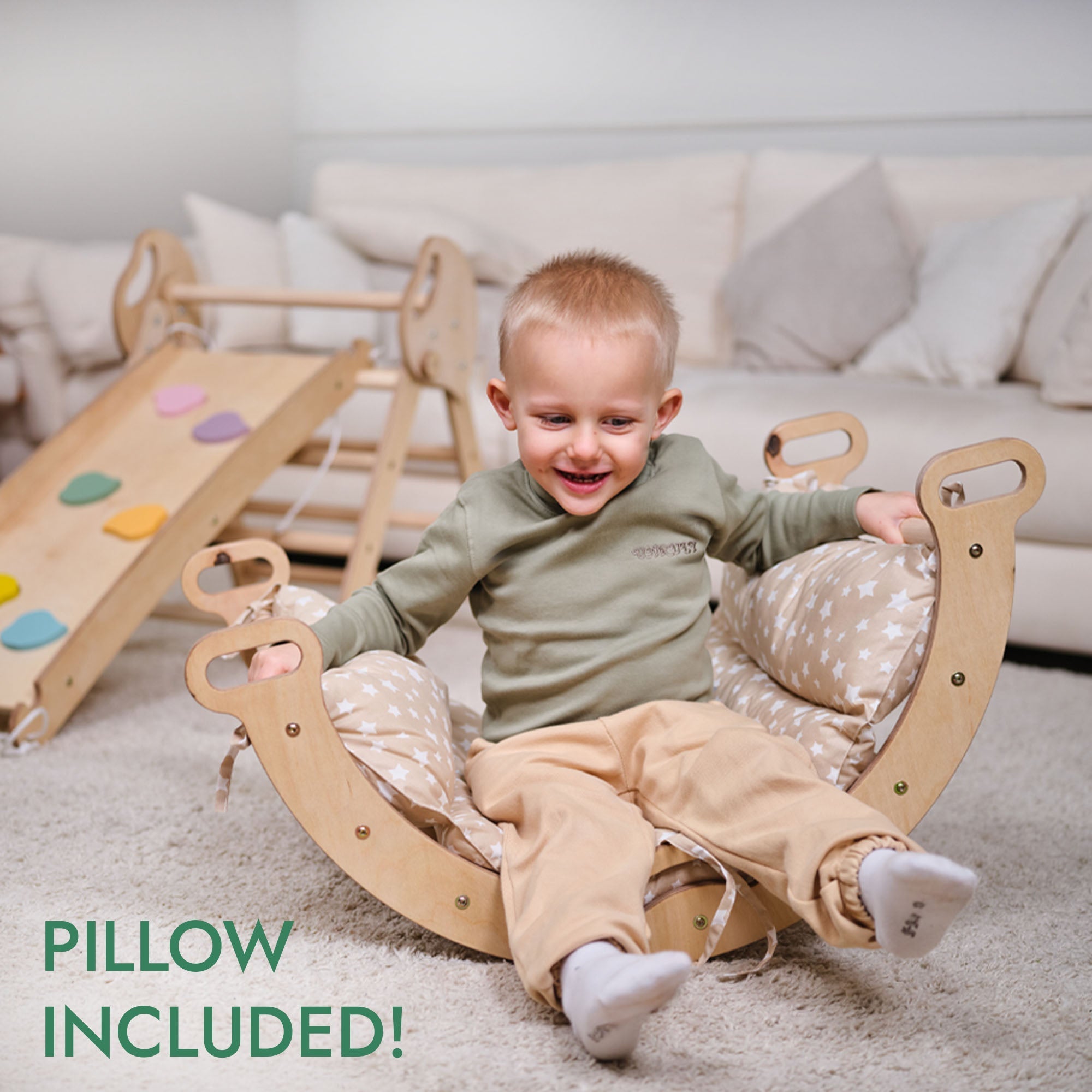 4-in-1 Kletterset für Kleinkinder: Pikler-Dreieck + Kletterbogen + Rutschbrett + Kissen - “Gebraucht – Wie neu” - SafeBabyKinder