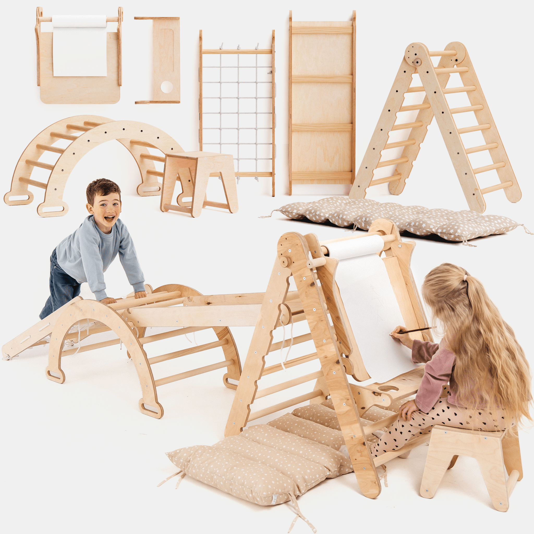 7in1 Montessori Klettergerüst Set: Kletterdreieck, Kletterbogen mit Kissen, Rutsche, Kletternetz, Maltafel und Kinderstuhl, für Kinder 1-7 Jahre – Beige - SafeBabyKinder