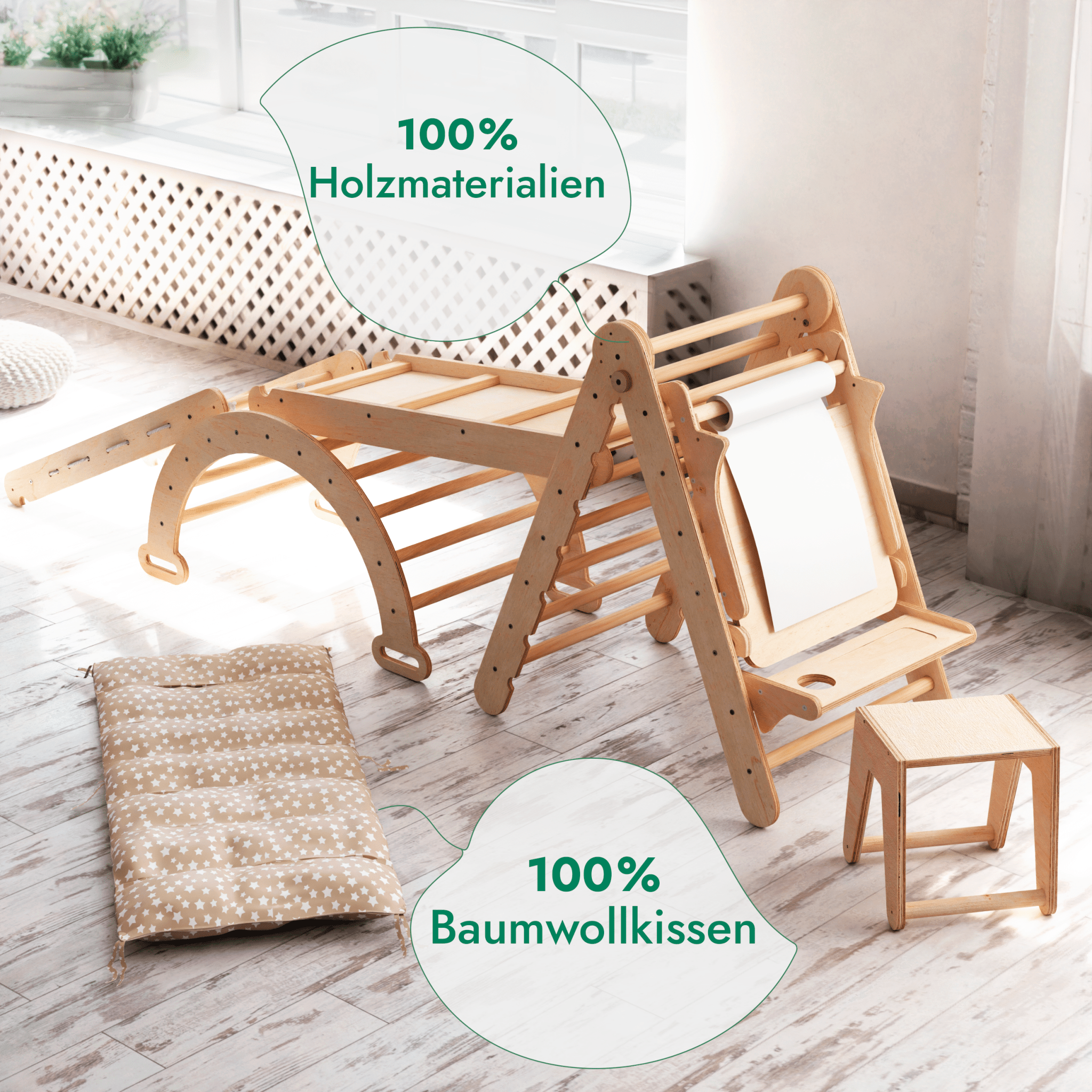 7in1 Montessori Klettergerüst Set: Kletterdreieck, Kletterbogen mit Kissen, Rutsche, Kletternetz, Maltafel und Kinderstuhl, für Kinder 1-7 Jahre – Beige - SafeBabyKinder