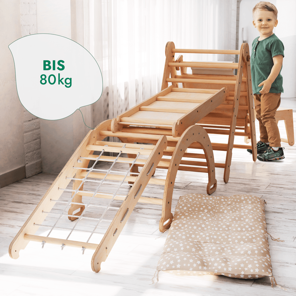 7in1 Montessori Klettergerüst Set: Kletterdreieck, Kletterbogen mit Kissen, Rutsche, Kletternetz, Maltafel und Kinderstuhl, für Kinder 1-7 Jahre – Beige - SafeBabyKinder