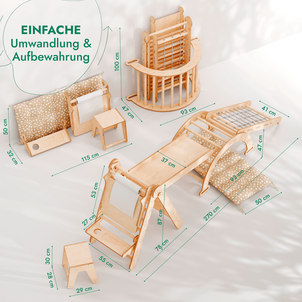 7in1 Montessori Klettergerüst Set: Kletterdreieck, Kletterbogen mit Kissen, Rutsche, Kletternetz, Maltafel und Kinderstuhl, für Kinder 1-7 Jahre – Beige - SafeBabyKinder