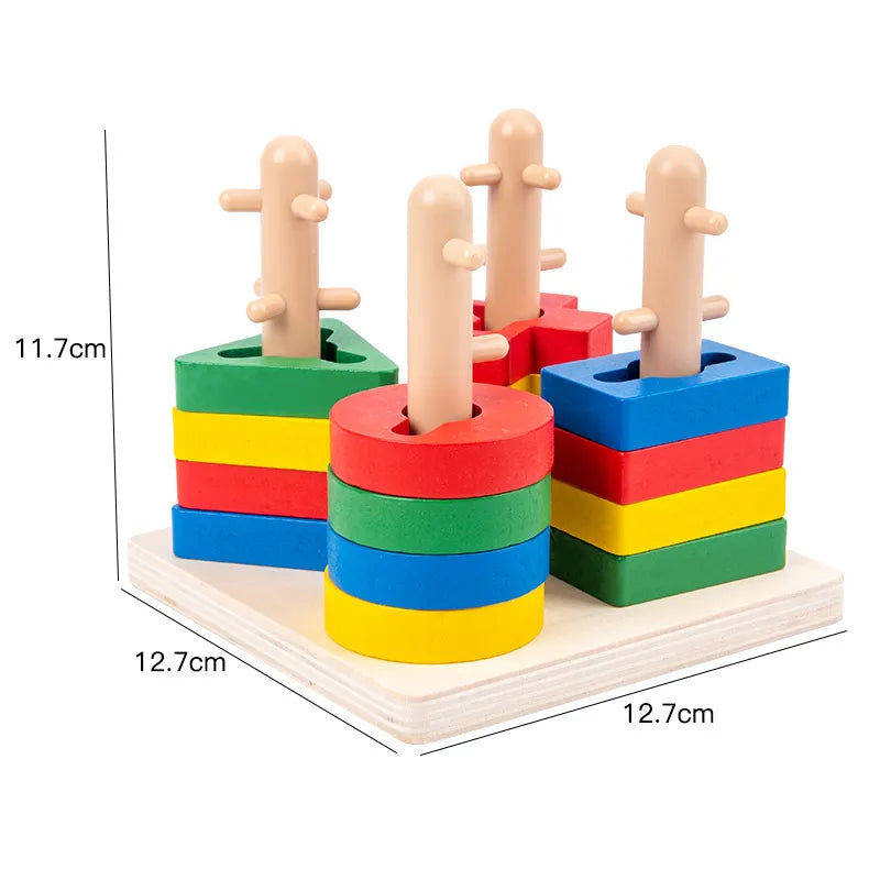 Montessori Geometric Shape Column Matching Wooden Building Blocks Set - SafeBabyKinder