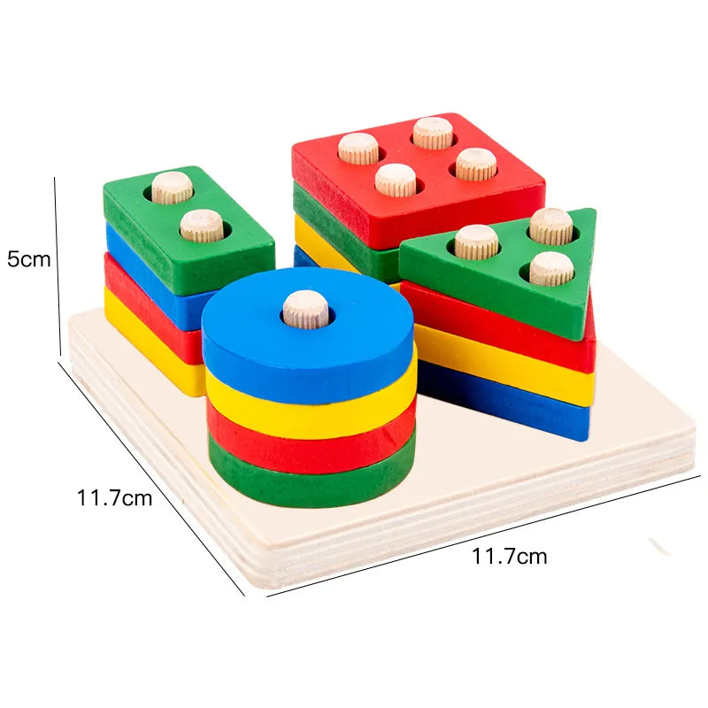 Montessori Geometric Shape Column Matching Wooden Building Blocks Set - SafeBabyKinder