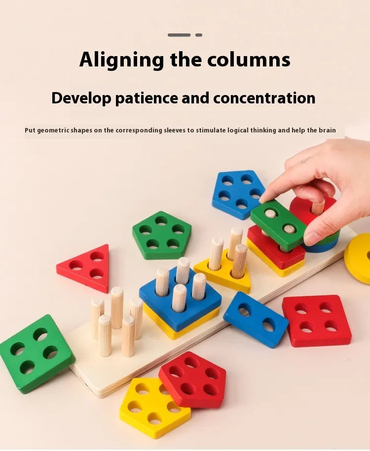 Montessori Geometric Shape Column Matching Wooden Building Blocks Set - SafeBabyKinder
