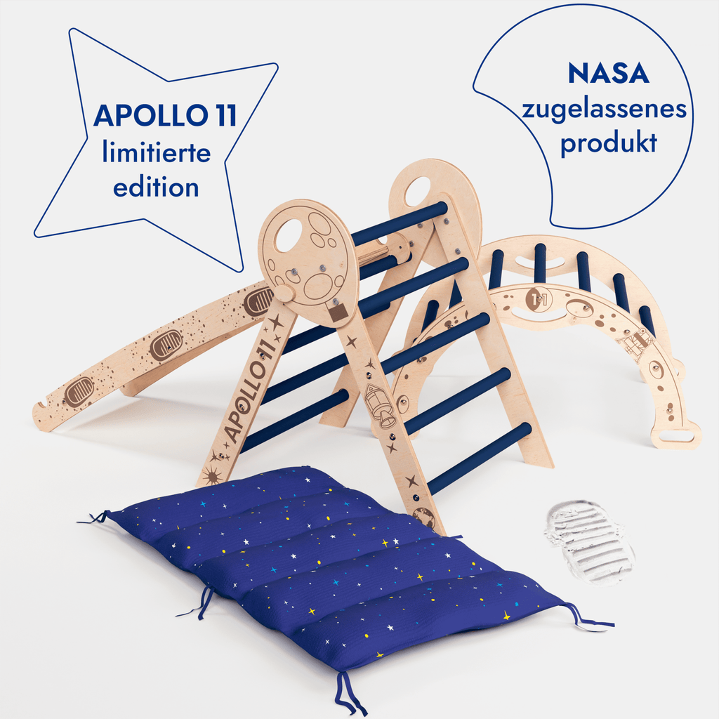 Apollo 4in1 Kletterset: Pikler-Dreieck, Kletterbogen, Rutschbrett und Kissen für kleine Kleinkind-Astronauten - SafeBabyKinder