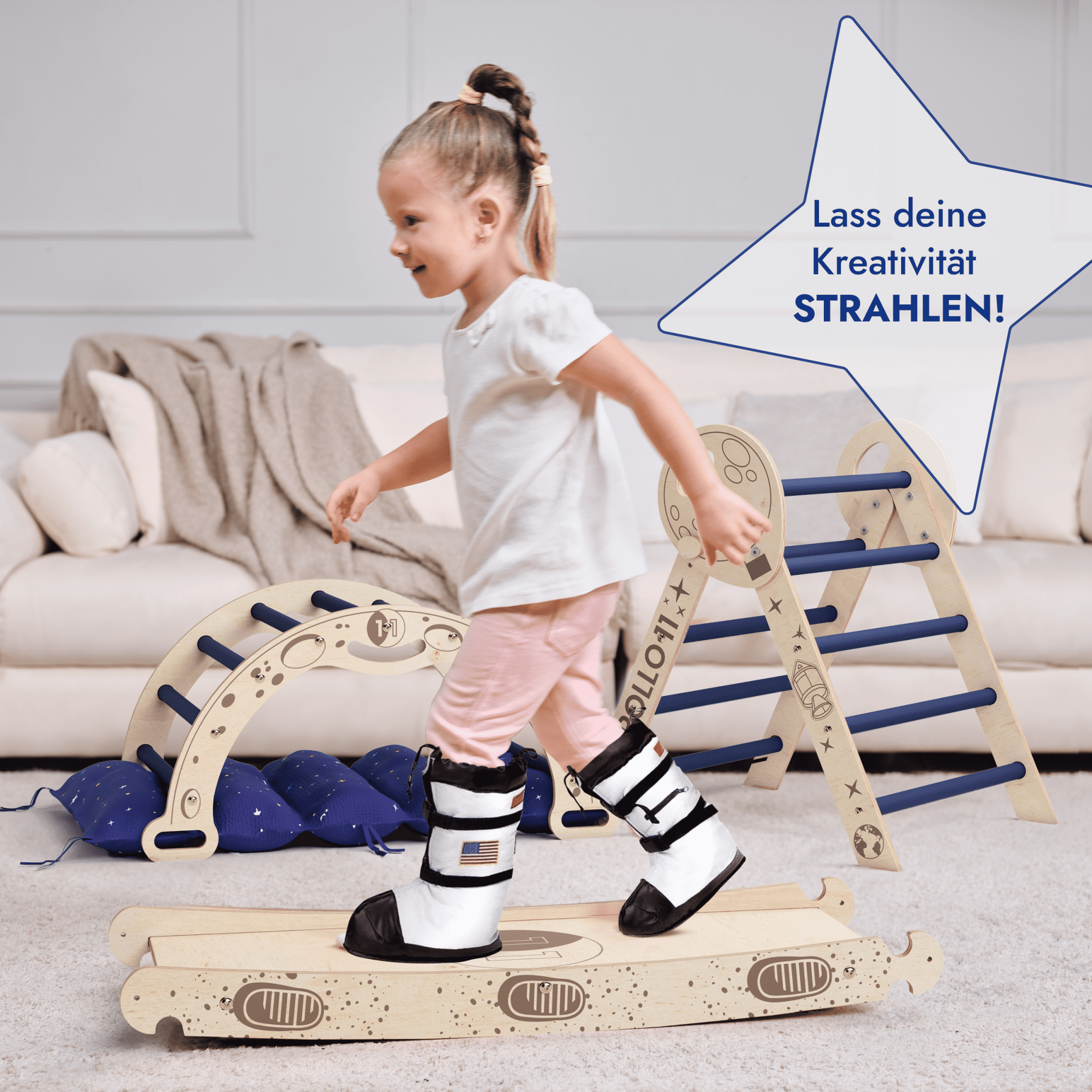 Apollo 4in1 Kletterset: Pikler-Dreieck, Kletterbogen, Rutschbrett und Kissen für kleine Kleinkind-Astronauten - SafeBabyKinder