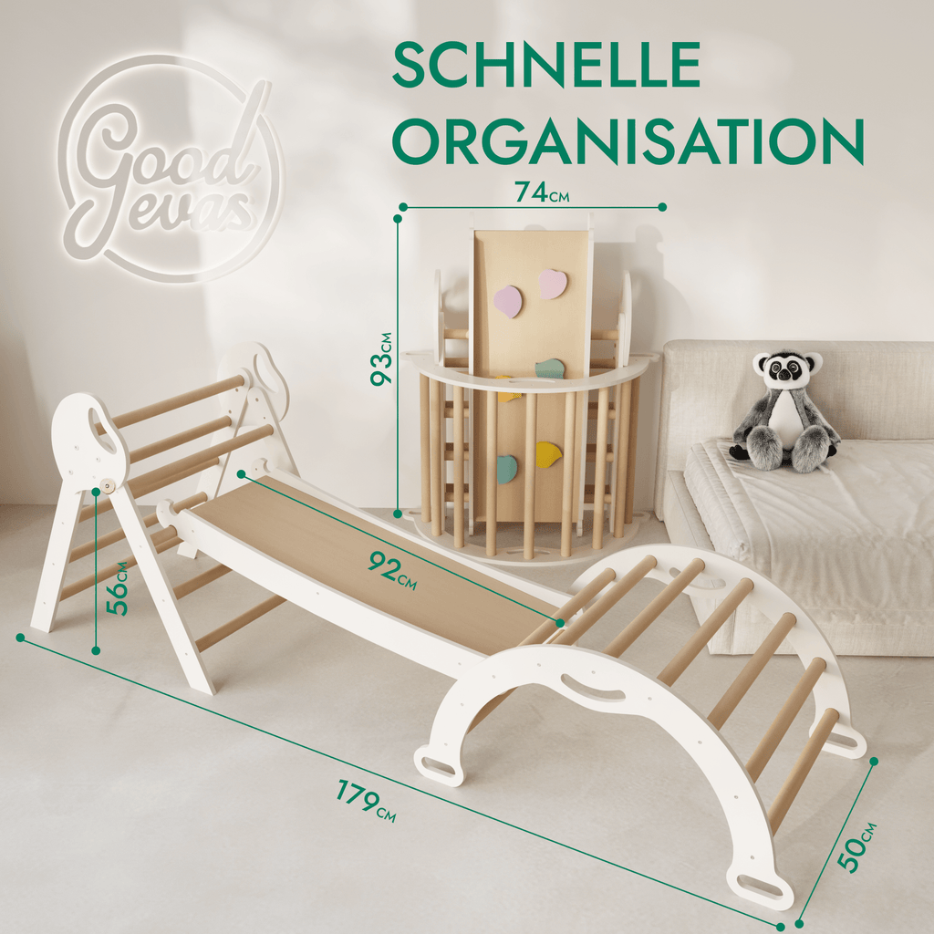 4-in-1 Kletterset für Kleinkinder: Pikler-Dreieck + Kletterbogen + Rutschbrett + Kissen - “Gebraucht – Wie neu” - SafeBabyKinder