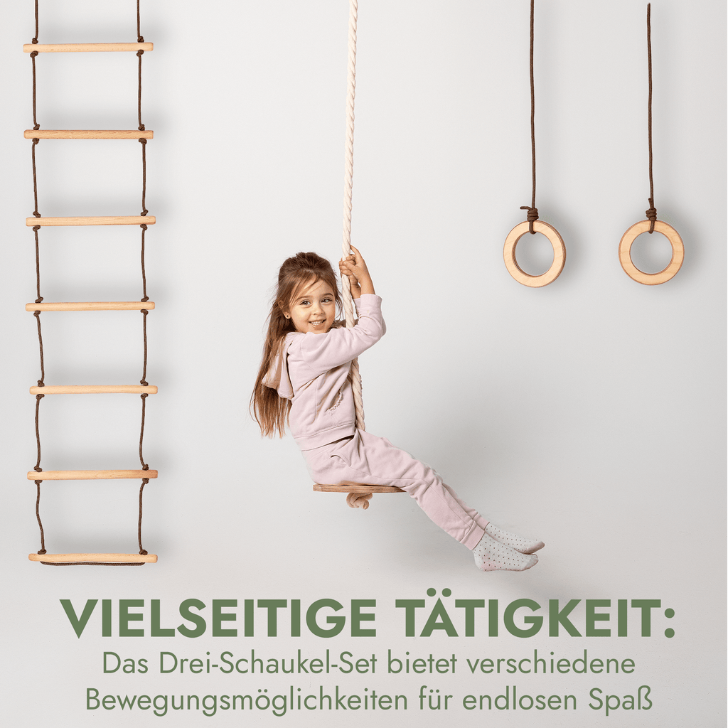 Set aus drei Schaukeln: Scheibe + Ringe + Strickleiter - SafeBabyKinder