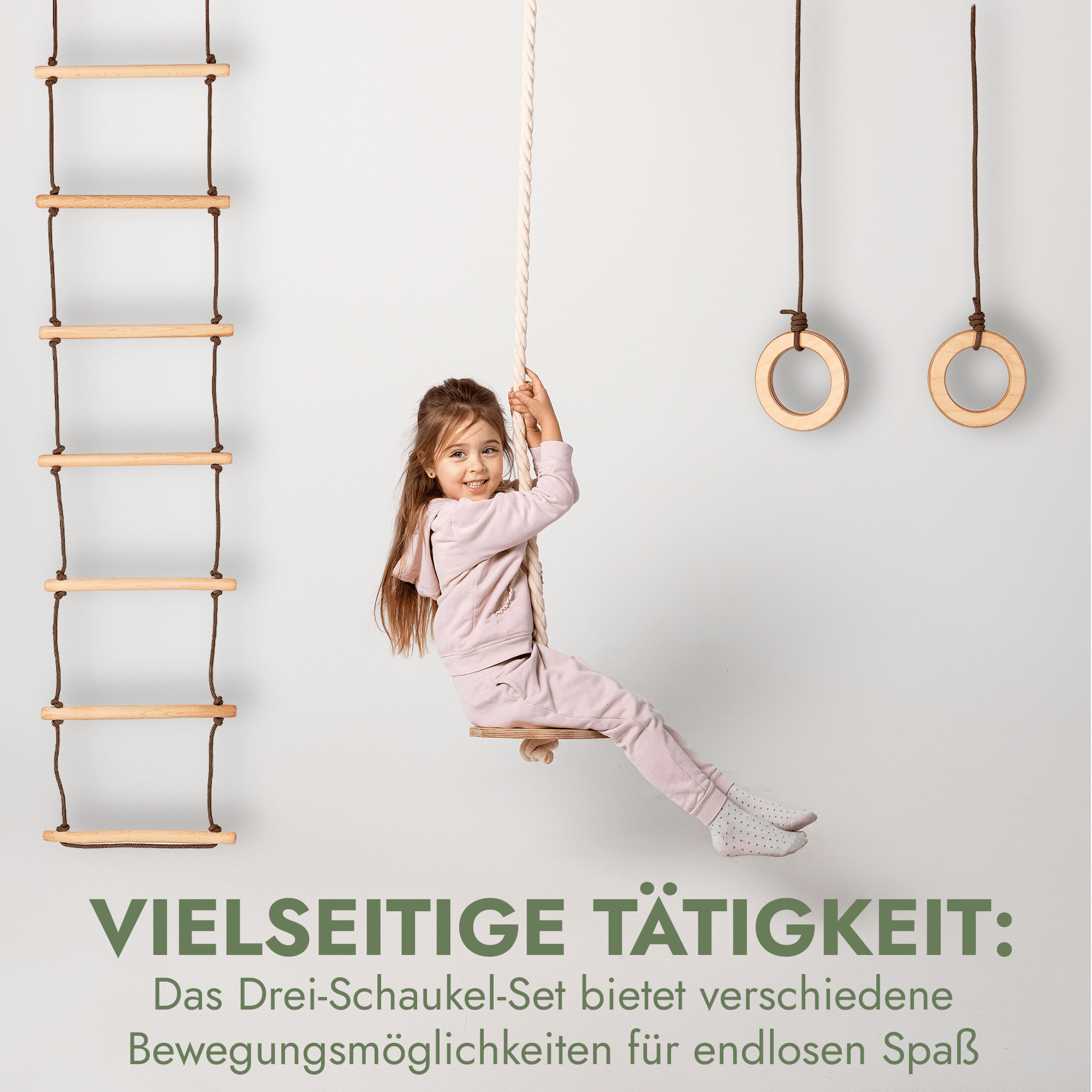 Set aus drei Schaukeln: Scheibe + Ringe + Strickleiter - SafeBabyKinder