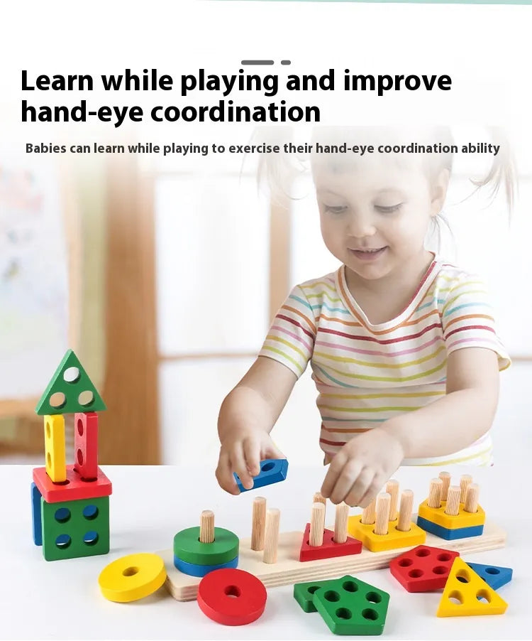 Montessori Geometric Shape Column Matching Wooden Building Blocks Set - SafeBabyKinder